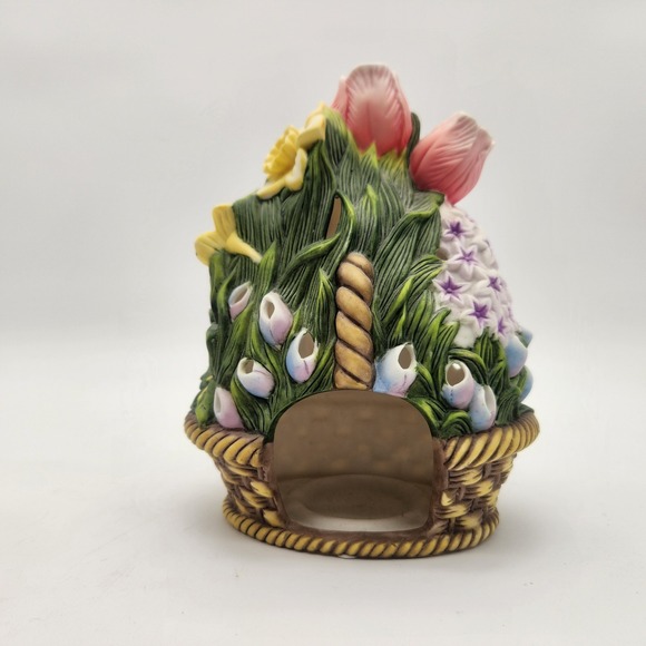 Vintage PartyLite Floral Garden Basket Ceramic Candle Holder Tulips Daffodils - Picture 1 of 10